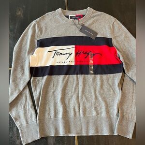 Tommy Hilfiger Grey Crewneck Sweater with Navy, White & Red Panel
